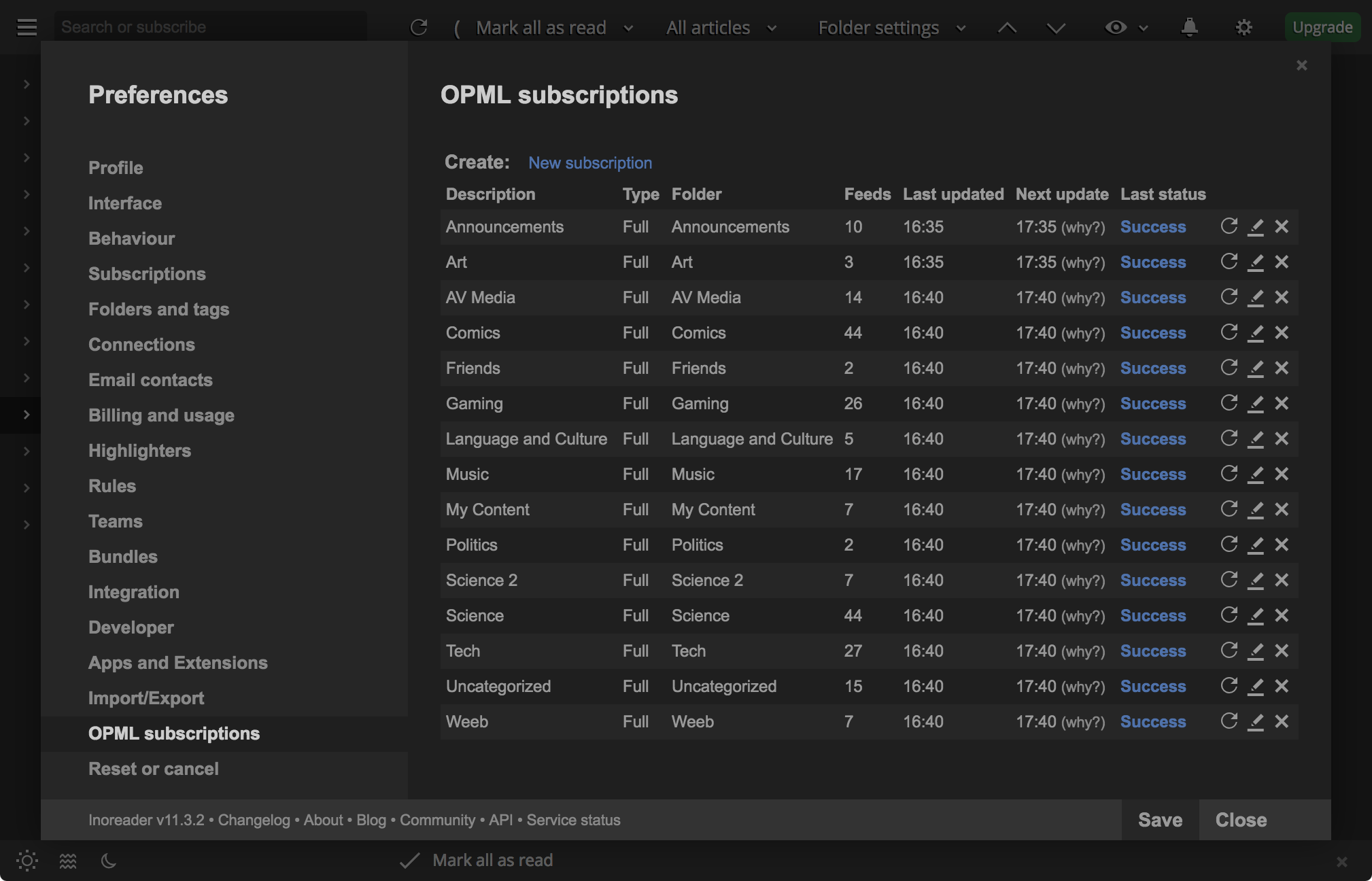 My OPML subscriptions in Inoreader.